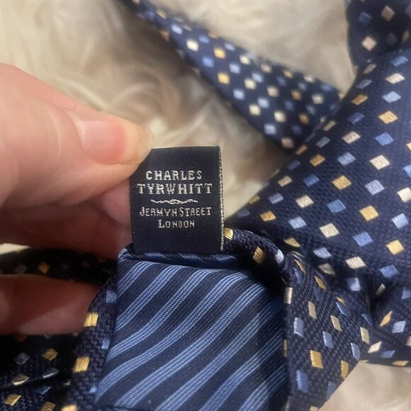 Charles Tyrwhitt Silk Tie Blue Geometric Pattern luxury Gold and Blue Squares - Picture 5 of 5